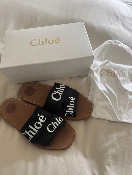 Chloe Shoes - Chloé Black Logo Strap Brown Leather Slide Sandals